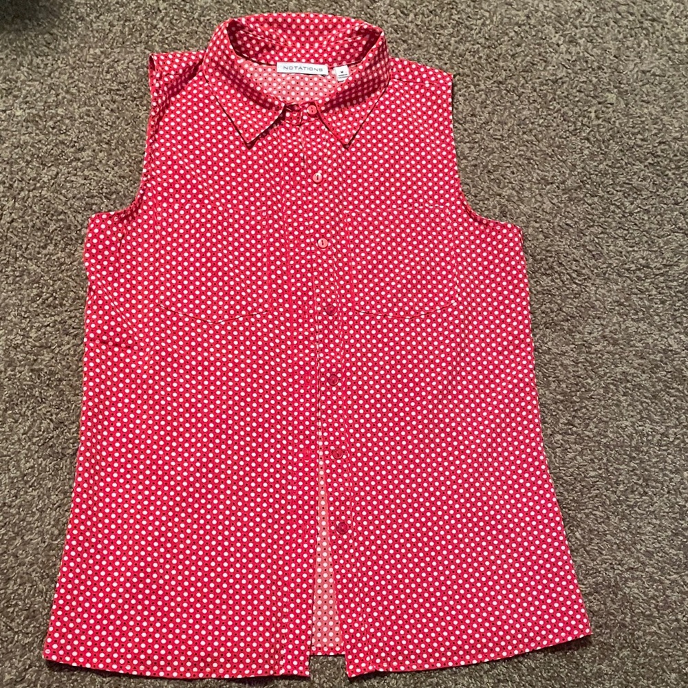 Notations Red and White Sleeveless Button Down Shirt